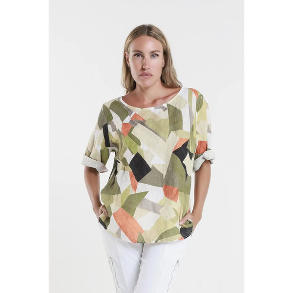 Geometric Army Linen Top