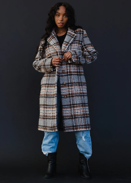 Gray, Brown & Black Plaid Coat